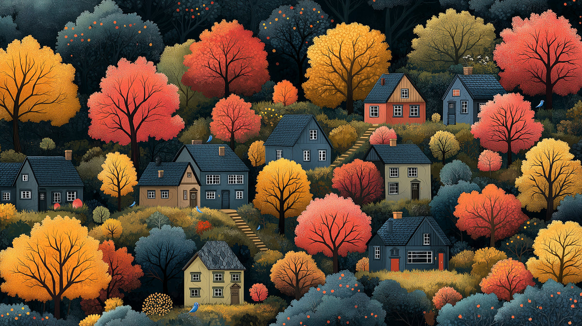 Cozy Autumn Village on a Hillside Mural Wallpaper | Whimsical Fall Scene
