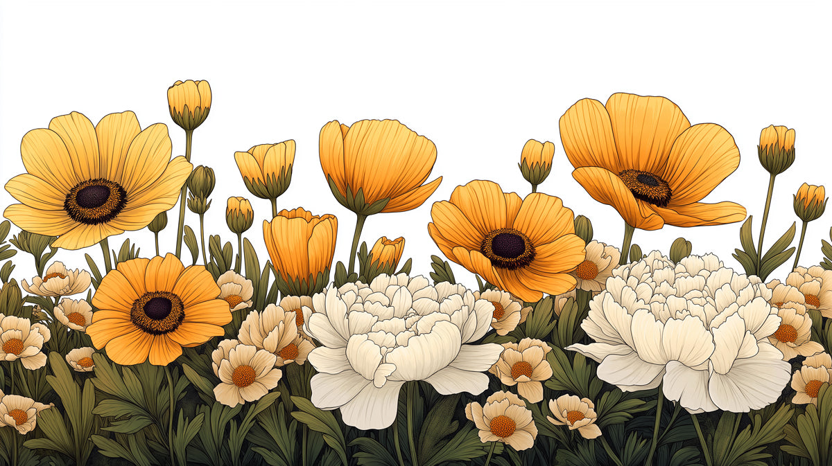 Golden Flowers in a Meadow Mural Wallpaper | Vibrant Floral Art