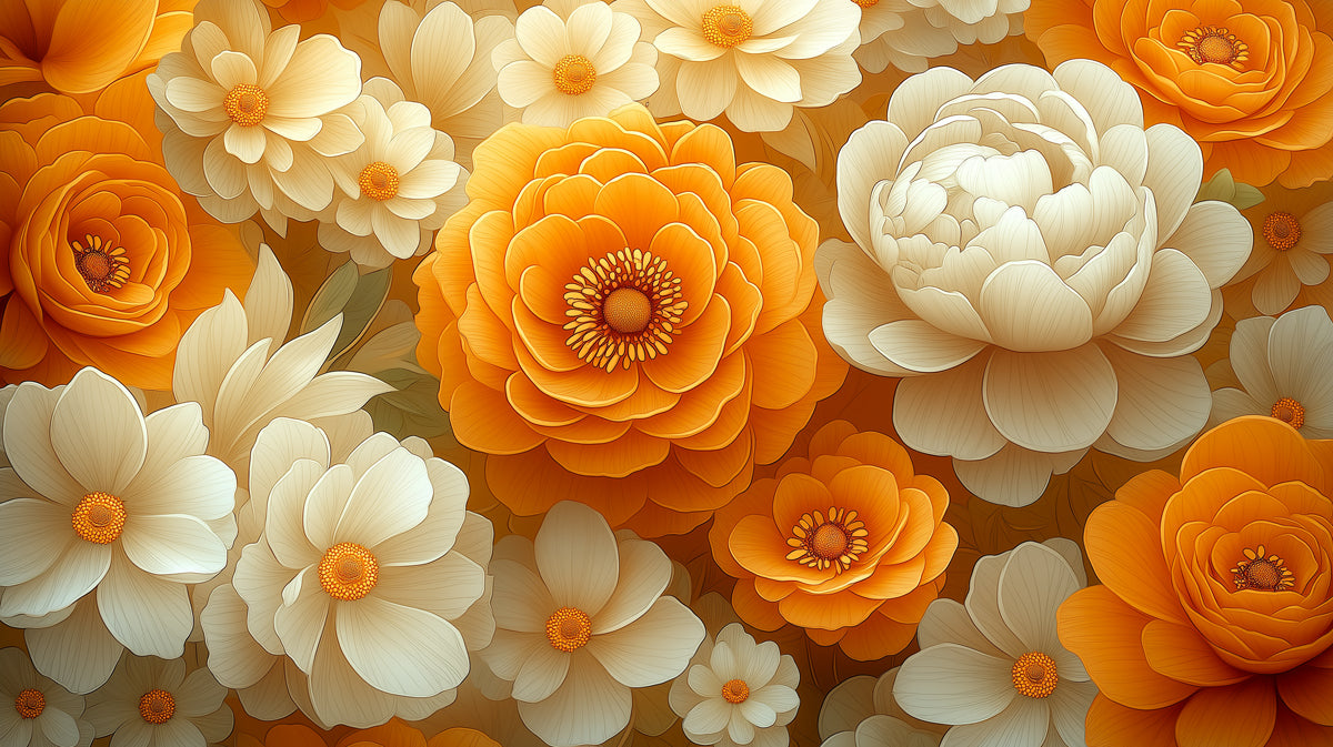 Lush Golden and White Floral Pattern Mural Wallpaper | Elegant Botanical Art