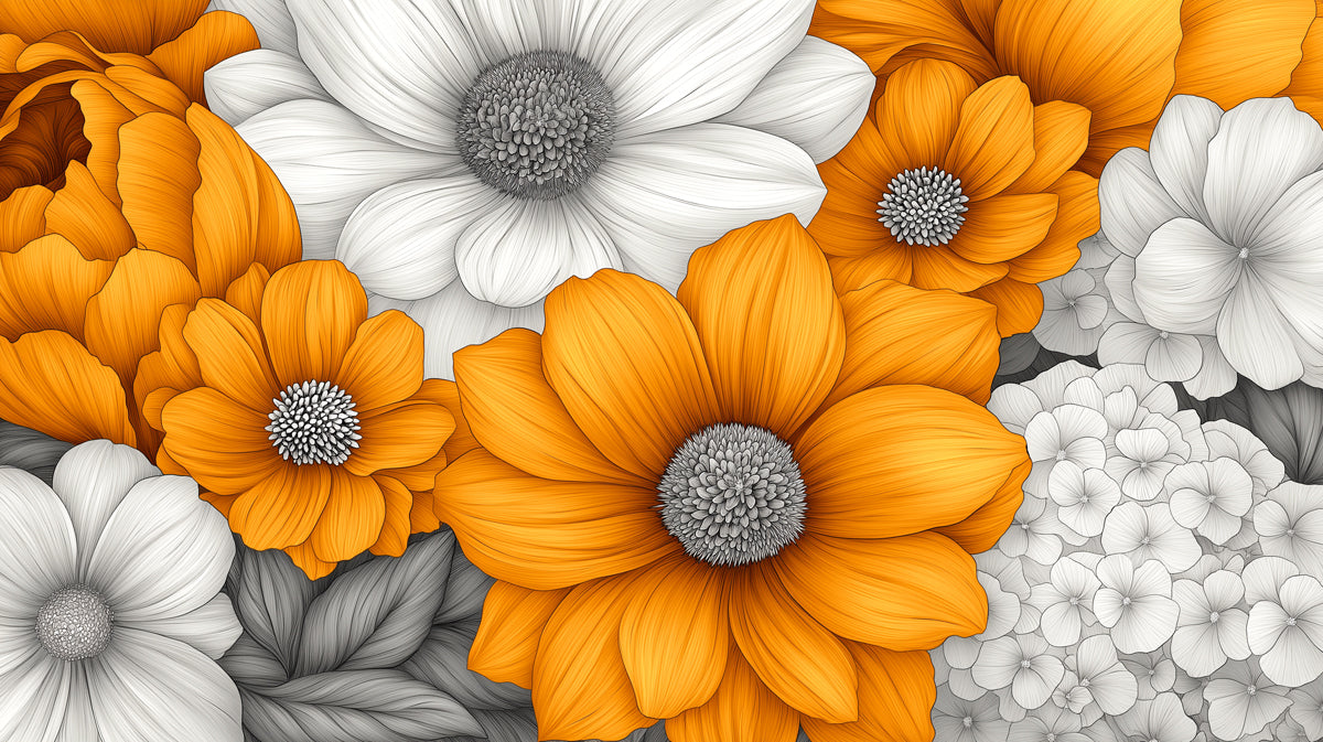 Modern Golden and White Floral Mural Wallpaper | High-Contrast Botanical Art