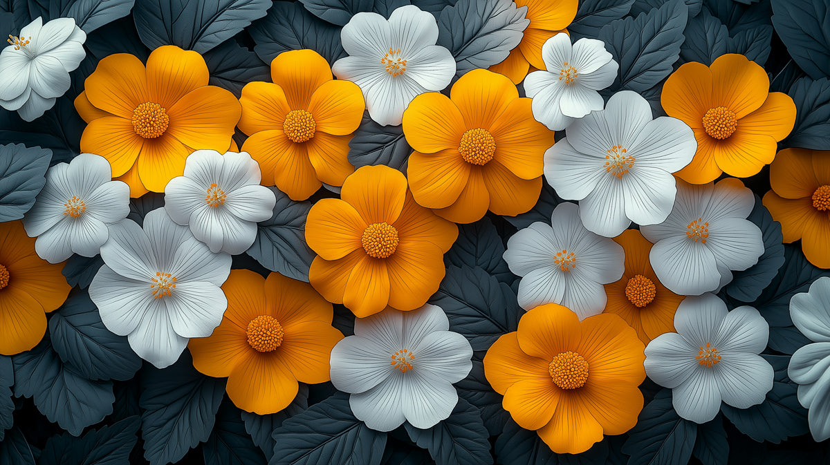 Colorful Floral Pattern with Golden and White Flowers Mural Wallpaper | Abstract Botanical Art
