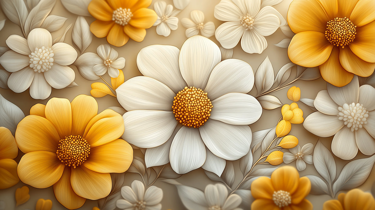 Elegant Floral Pattern with Golden and White Flowers Mural Wallpaper | Serene Botanical Art
