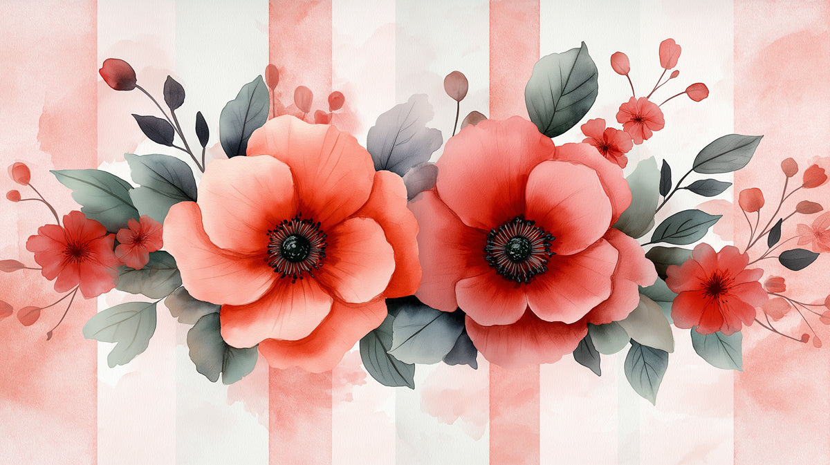 Vintage Pink and White Stripes with Floral Mural Wallpaper | Retro Botanical Art
