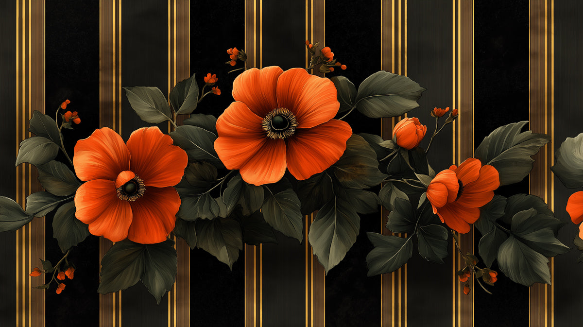 Dramatic Floral Art with Gold Stripes Mural Wallpaper | Luxurious and Elegant Design