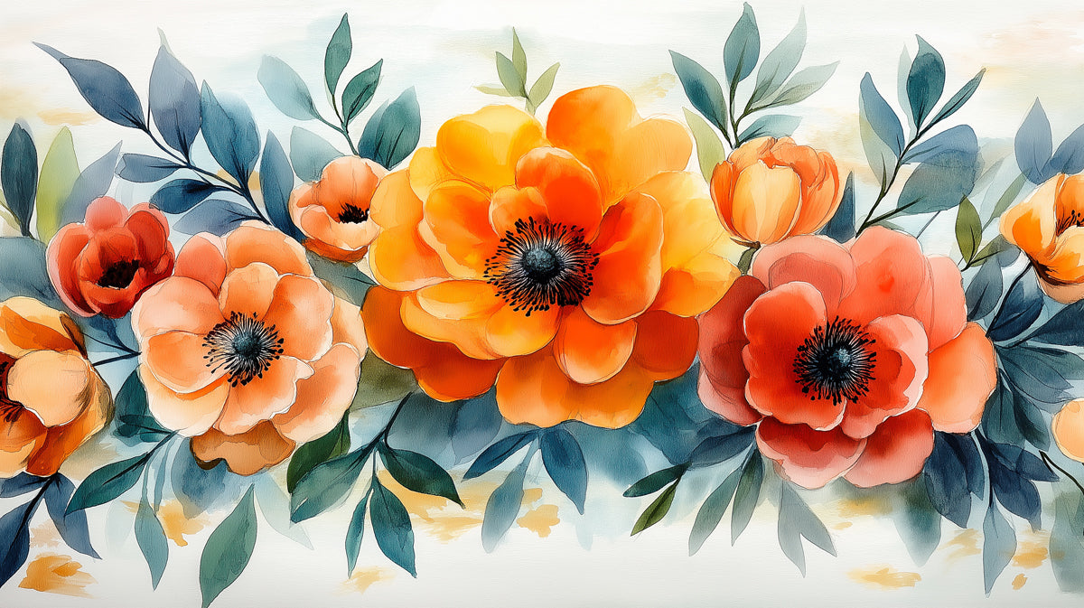 Vibrant Watercolor Floral Border Mural Wallpaper | Bold Botanical Art