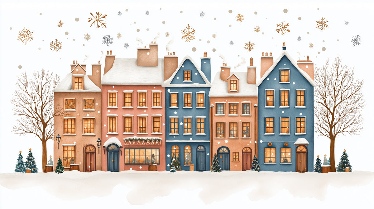 Charming Winter Townscape with Festive Houses Mural Wallpaper | Cozy Holiday Scene