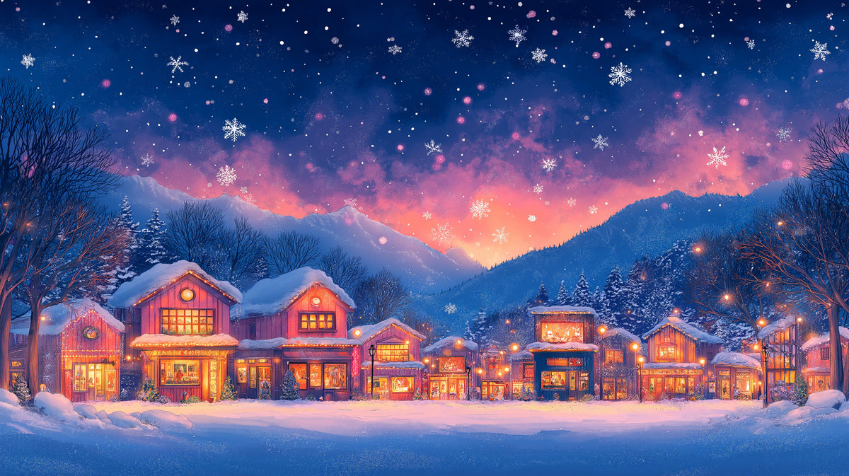 Snowy Village at Sunset Mural Wallpaper | Magical Winter Landscape