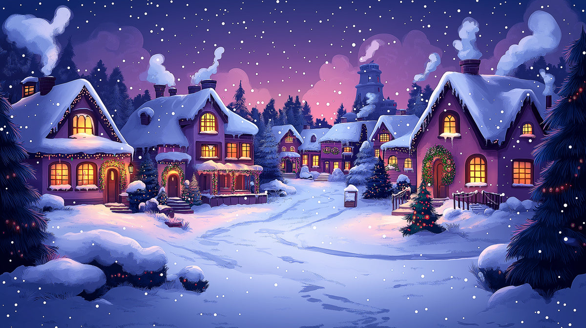 Magical Christmas Village at Night Mural Wallpaper | Cozy Holiday Scene