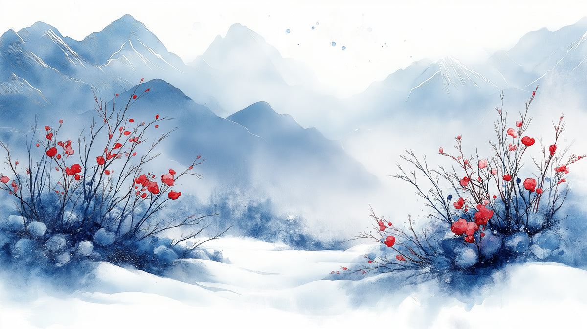 Winter Berry Valley Wandgemälde Tapete | Rot, Blau und Weiß