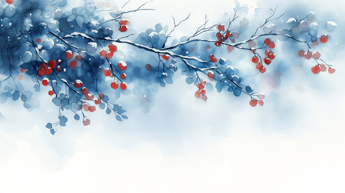 Winter Berry Branch Mural Wallpaper | Red, Blue, and White