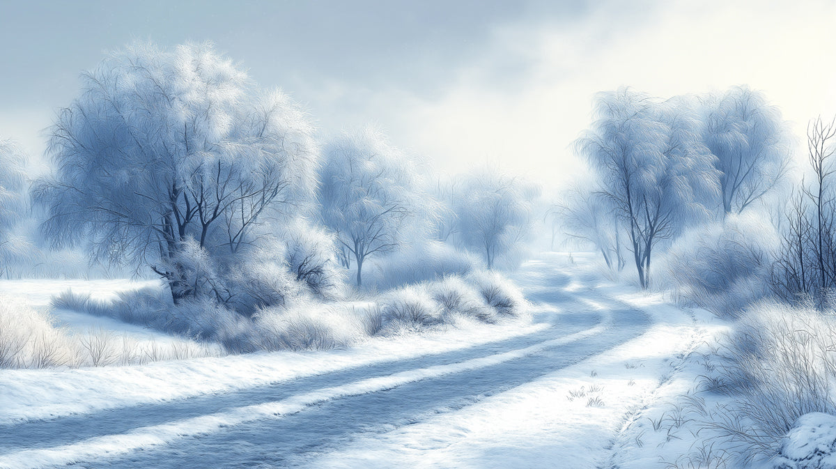 Schneelandschaft an der Landstraße Wandmalerei Tapete | Eiskaltes Blau und Weiß