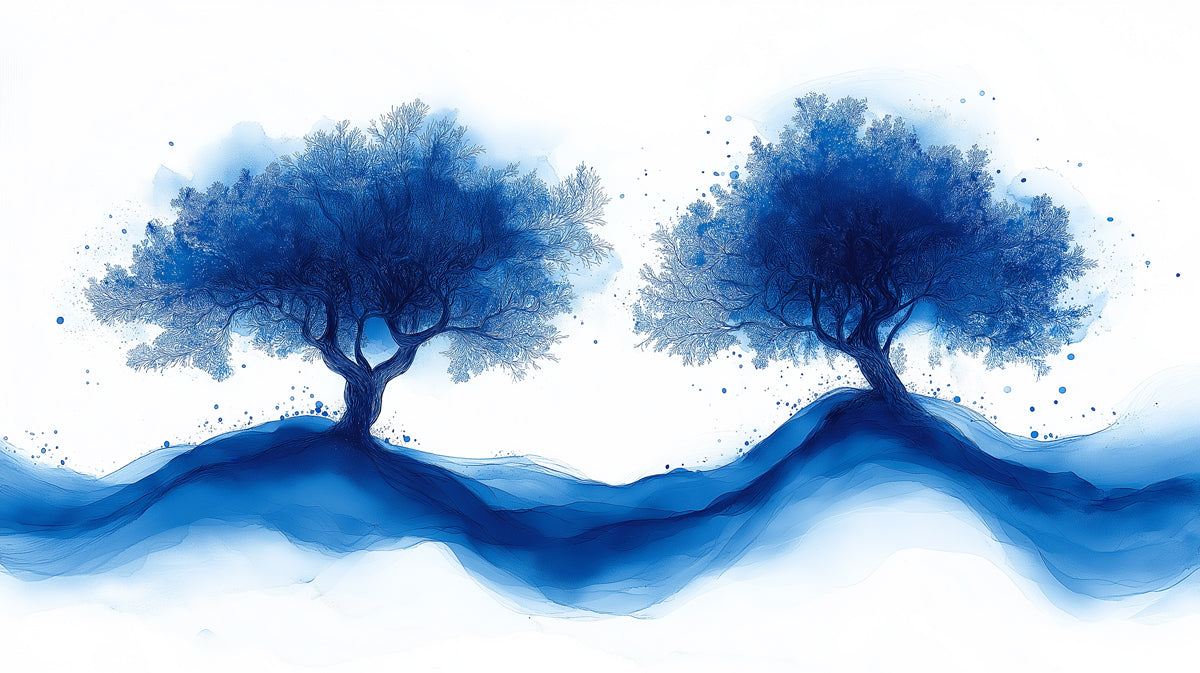 Der Fluss des Lebens Bäume Wandgemälde Tapete | Blau und Weiß