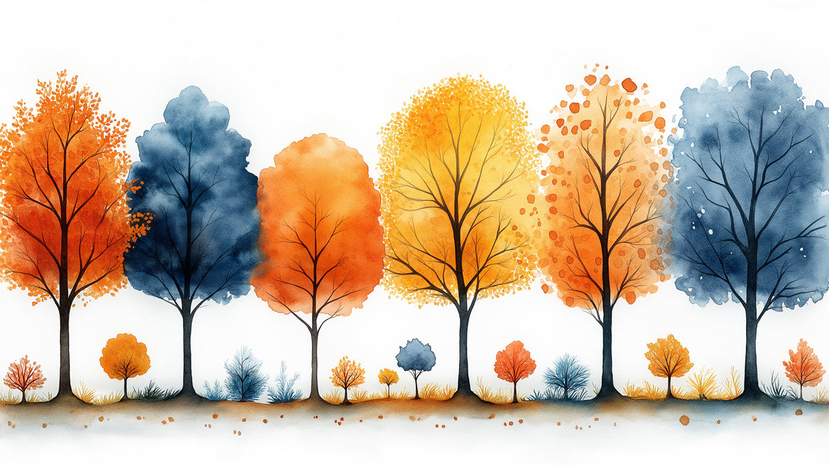 Watercolor Autumn Treeline Mural Wallpaper | Orange, Yellow, and Blue