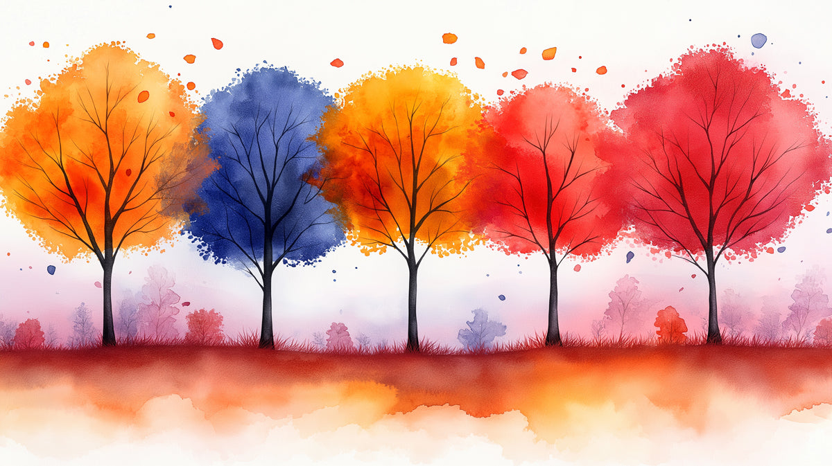 Vibrant Autumn Watercolor Mural Wallpaper | Orange, Blue, and Red
