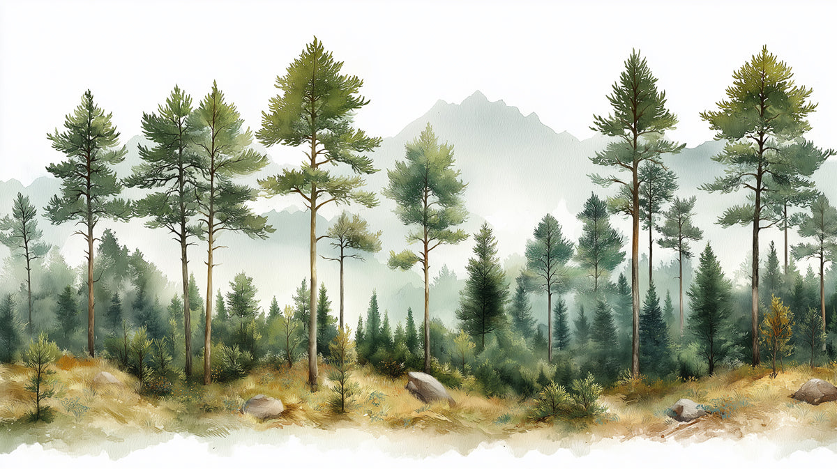 Alpine Pine Forest Mural Wallpaper | Green and Gold