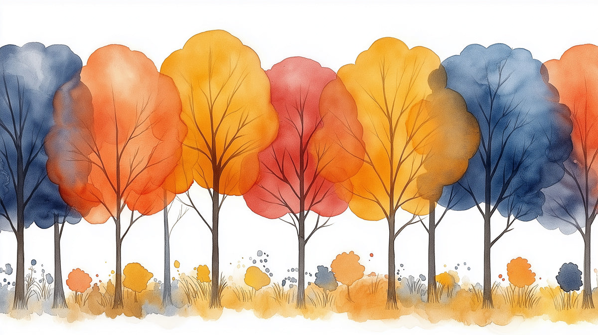 Watercolor Grove Mural Wallpaper | Orange, Red, and Blue