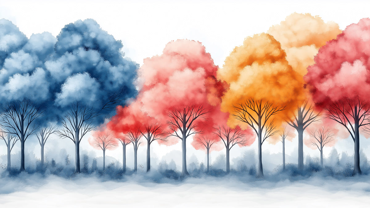 Traumhafter Wolkenwald-Malerei-Tapete | Rosa, Blau und Orange
