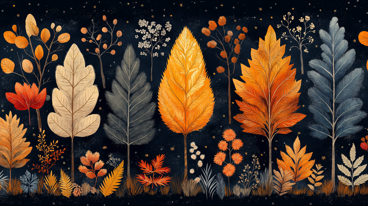 Mitternachts-Herbst-Volkskunst-Malerei Tapete | Orange, Grau und Creme