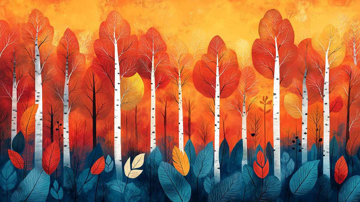 Papier peint mural Crimson Birch Woods | Rouge, Orange et Turquoise