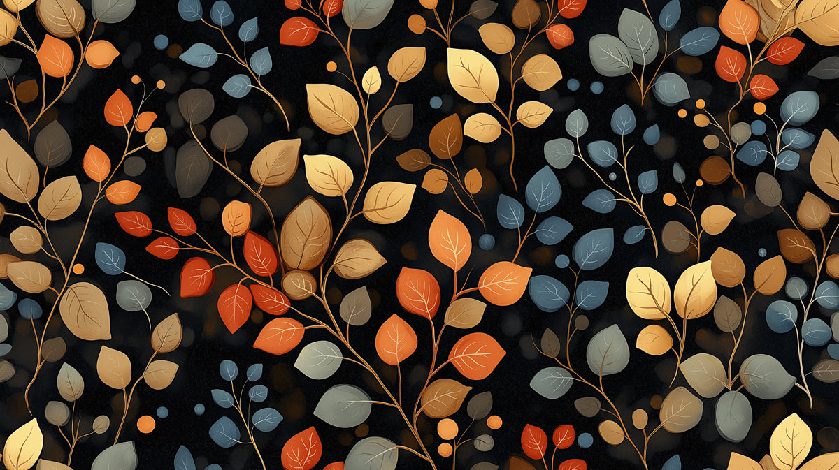 Wandmalerei mit schwebendem Herbstlaubmuster | Orange, Gold und Blau