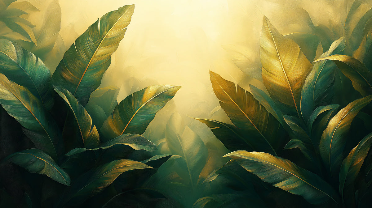 Papel tapiz mural de hoja de plátano dorado | Verde y amarillo