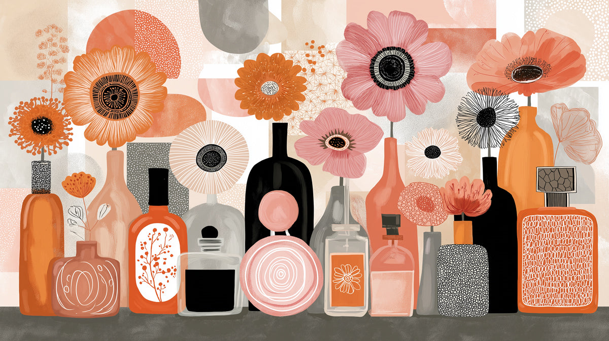 Perfume Bouquet Wandbild Tapete | Rosa, Orange und Schwarz
