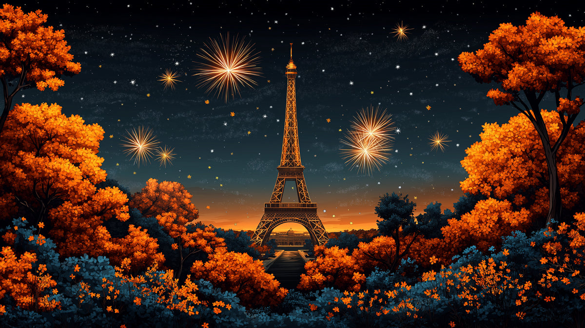 Herbstfeuerwerk in Paris Wandmalerei Tapete | Orange, Blau und Gold