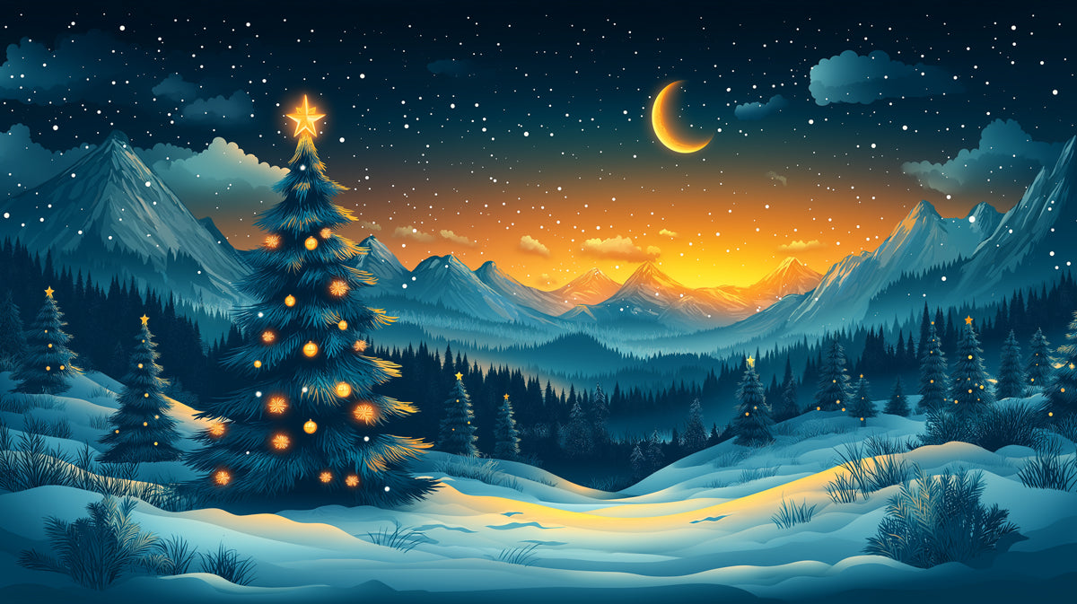 Christmas in the Valley Mural Wallpaper | Blue, Orange, and Gold