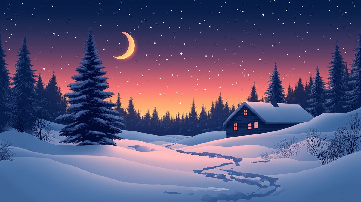 Papier peint mural Cabane d'hiver sous la Lune | Bleu, Rose et Orange