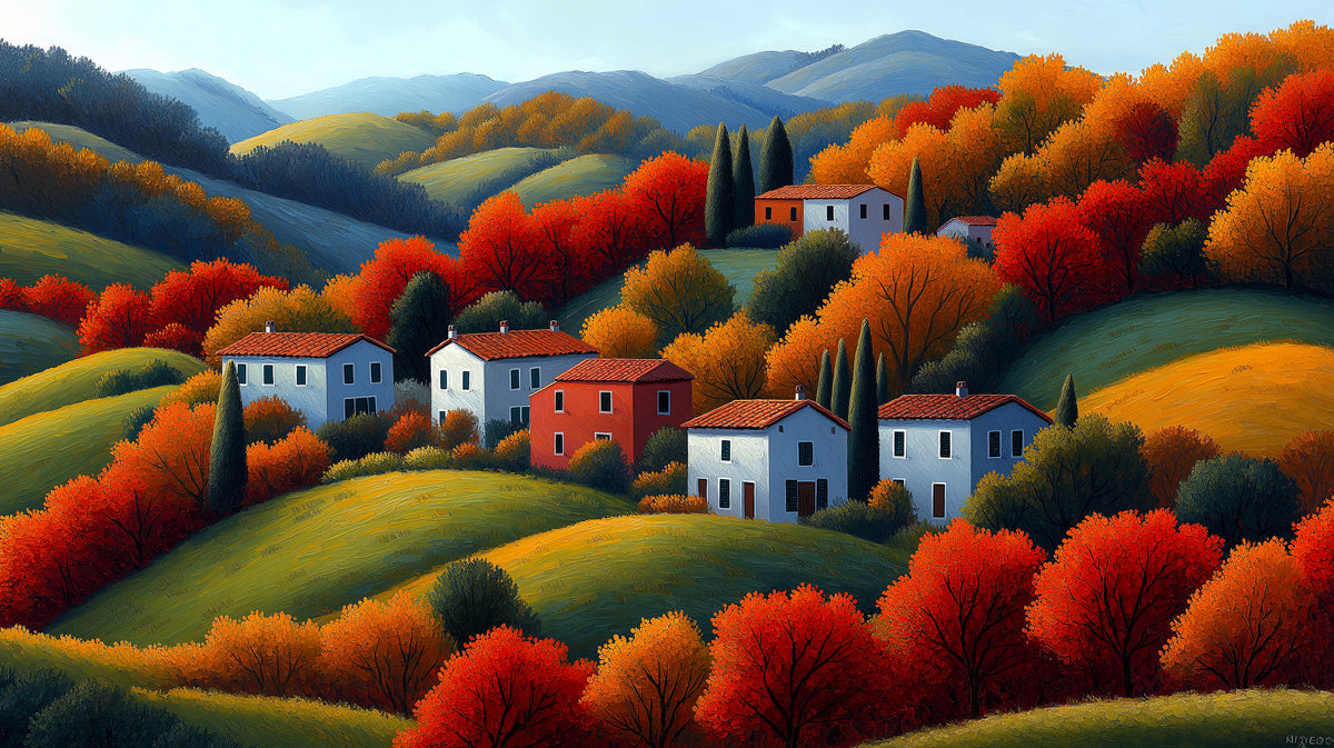 Papier peint mural Rêve d'automne toscan | Rouge, orange et vert