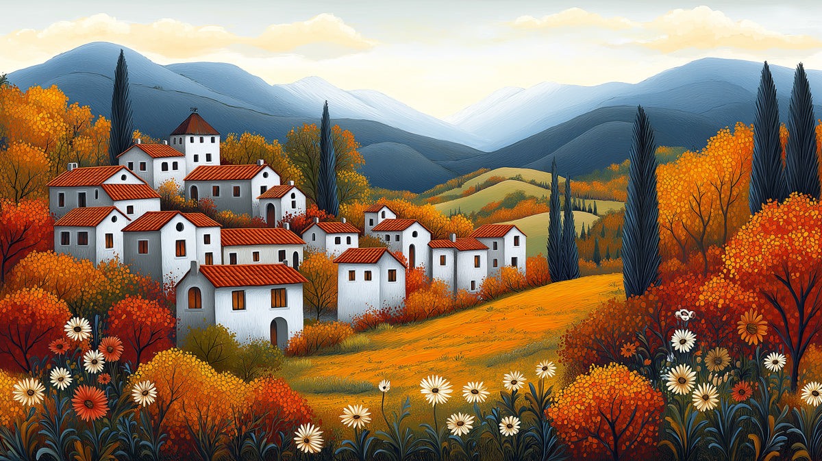 Papier peint mural Automne Village Bloom | Orange, Blanc et Bleu