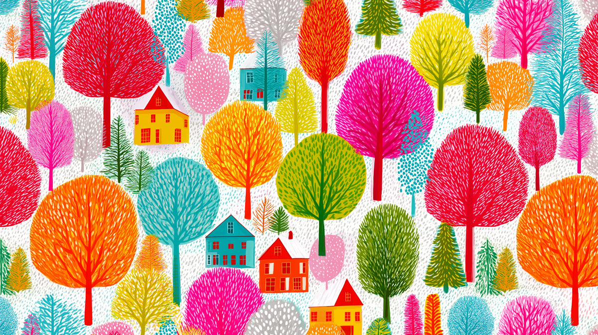 Candy-Colored Forest Village Mural Wallpaper | Pink, Orange, and Blue