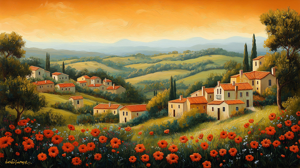 Papier peint mural des champs de pavots toscans | Orange, rouge et vert