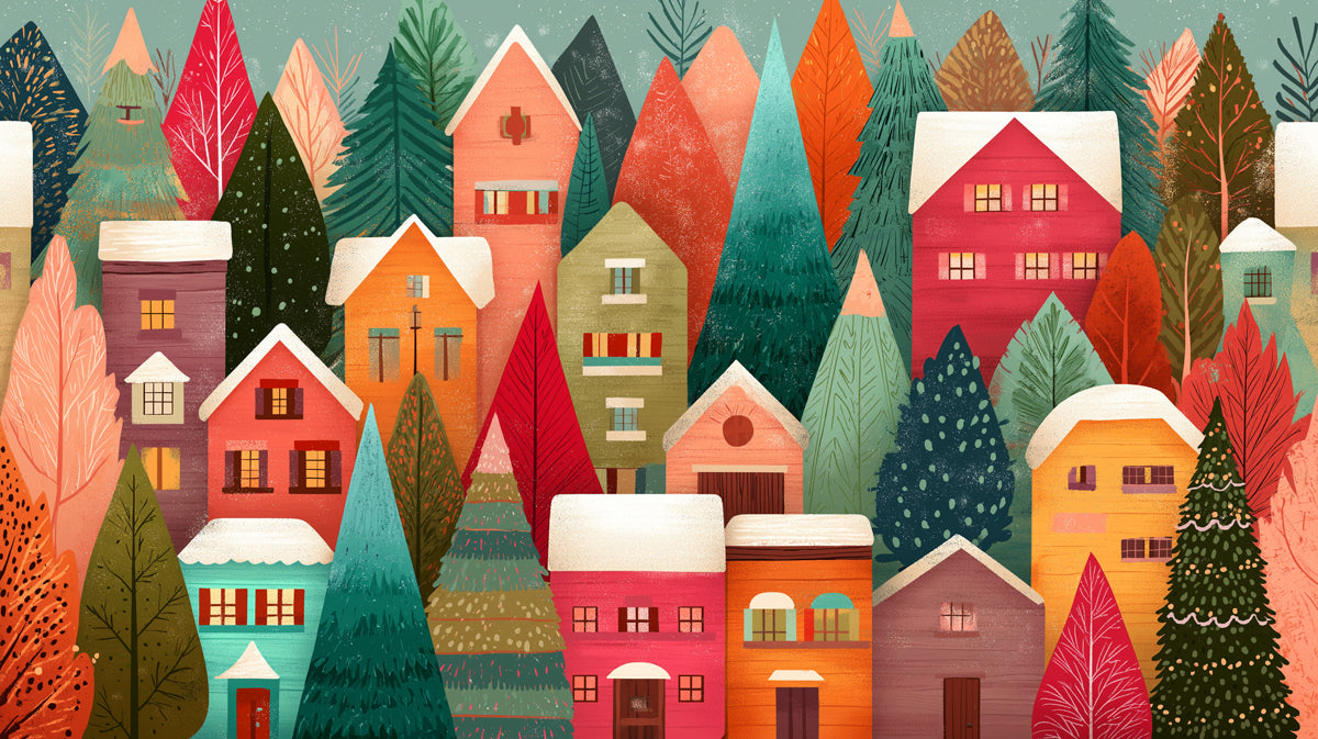 Cozy Winter Village Mural Wallpaper | Red, Green, and Orange