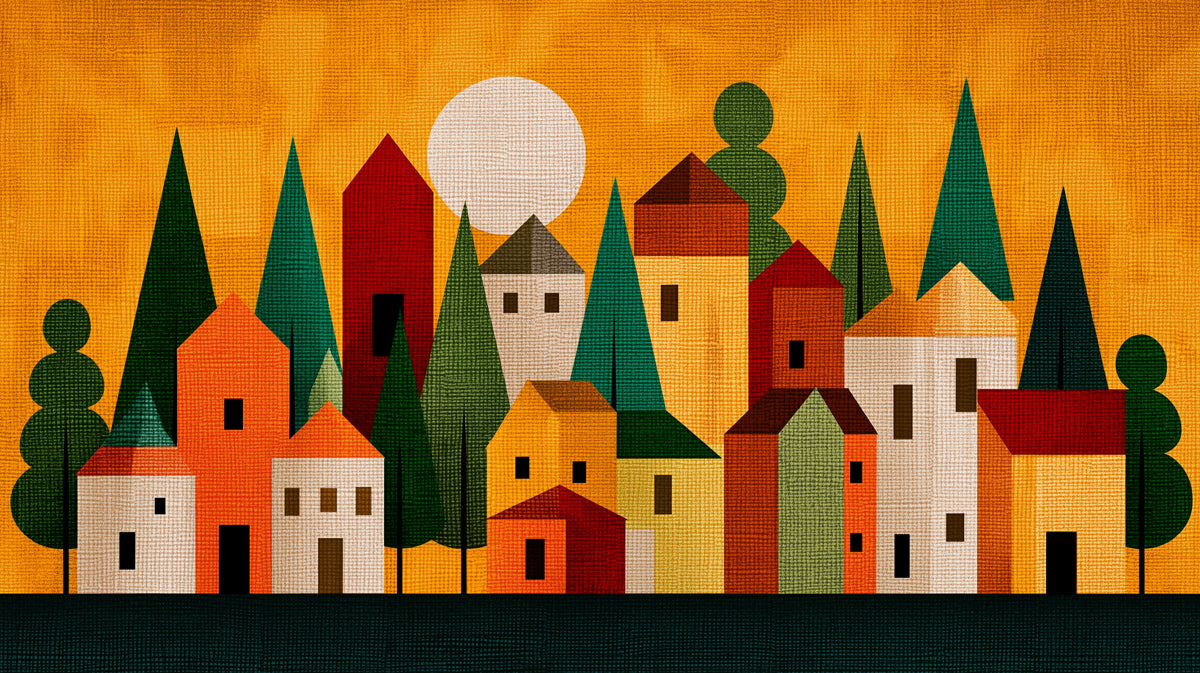 Mid-Century Village Sunset Mural Wallpaper | Orange, Green, and Yellow
