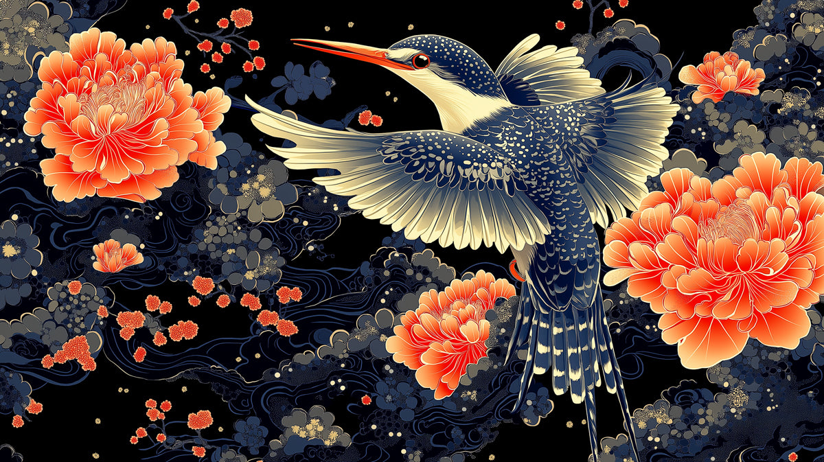 Papier peint mural Kingfisher & Peony | Indigo, Corail et Noir