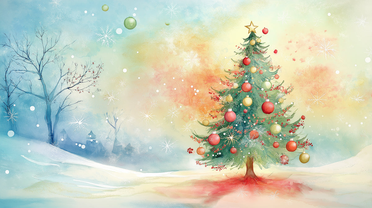 Carta da parati murale Watercolor Winter Dream | Pastello, rosso e verde