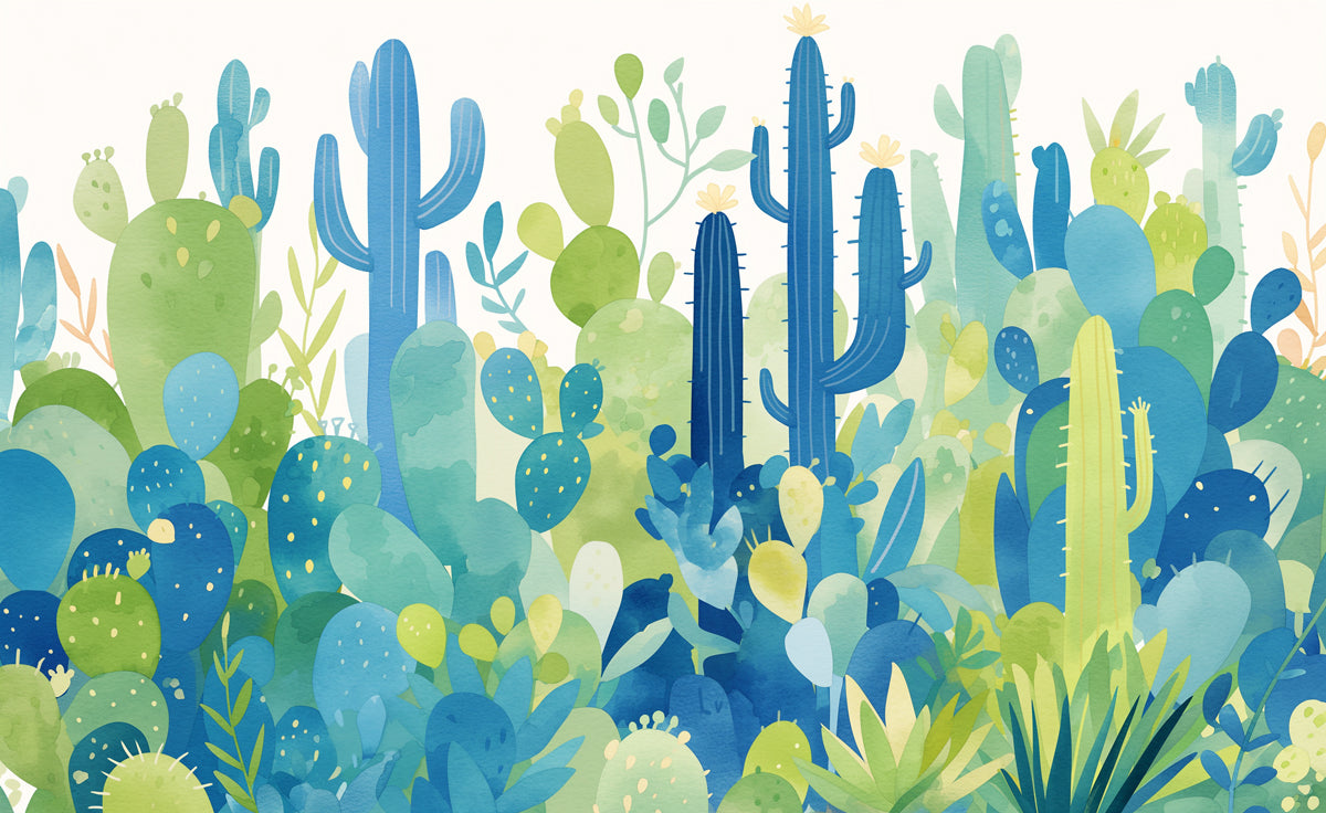 Blue Desert Cactus Mural Wallpaper | Blue, Yellow and Green Cactus -1