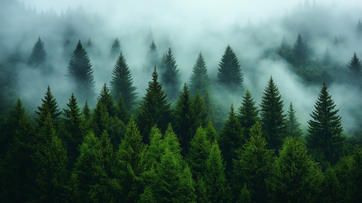 Emerald Mist Forest Mural Wallpaper | Deep Green and Soft Gray