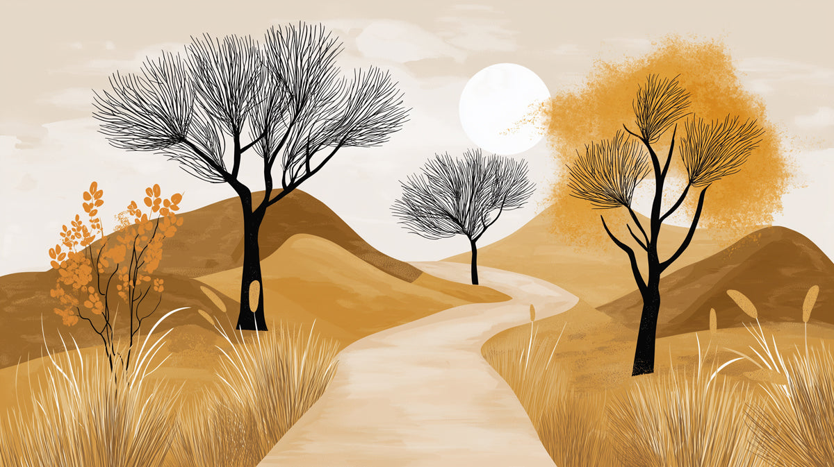 Golden Hills Pathway Mural Wallpaper | Ochre, Beige, and Black