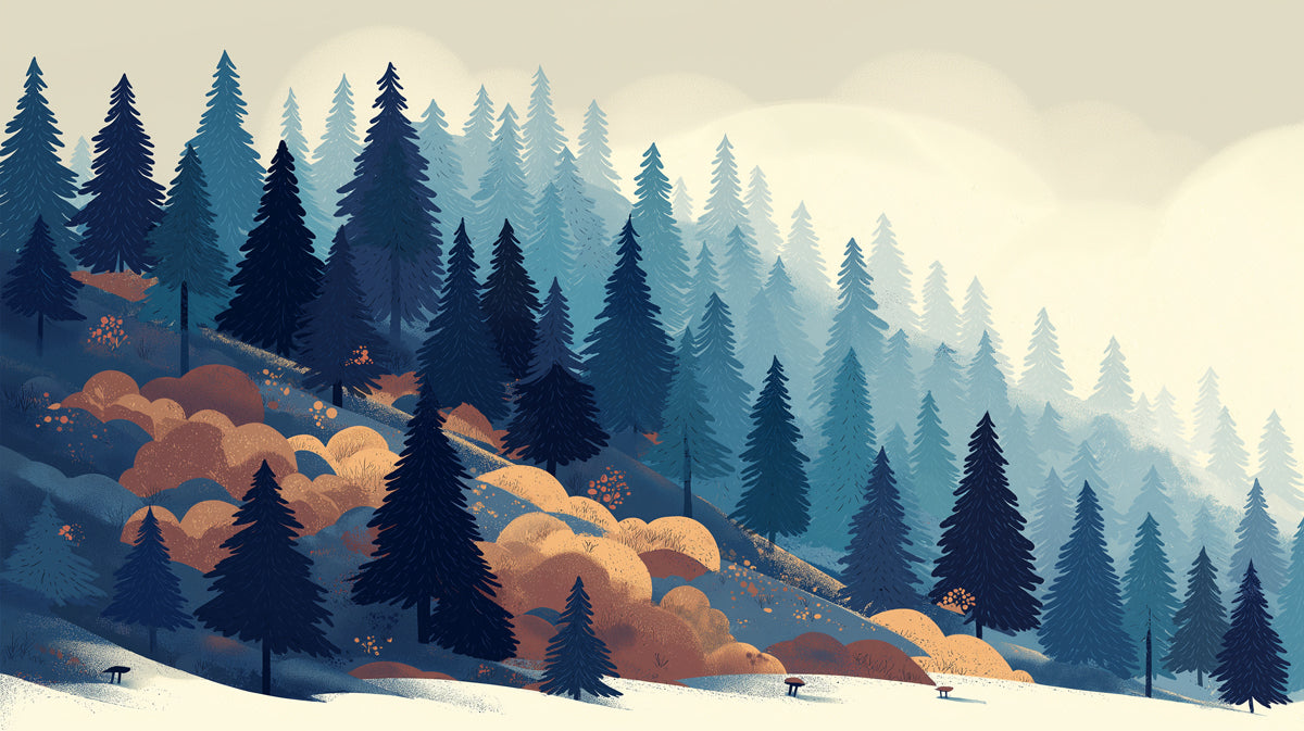 Carta da parati murale Winter Pines | Blu e ruggine