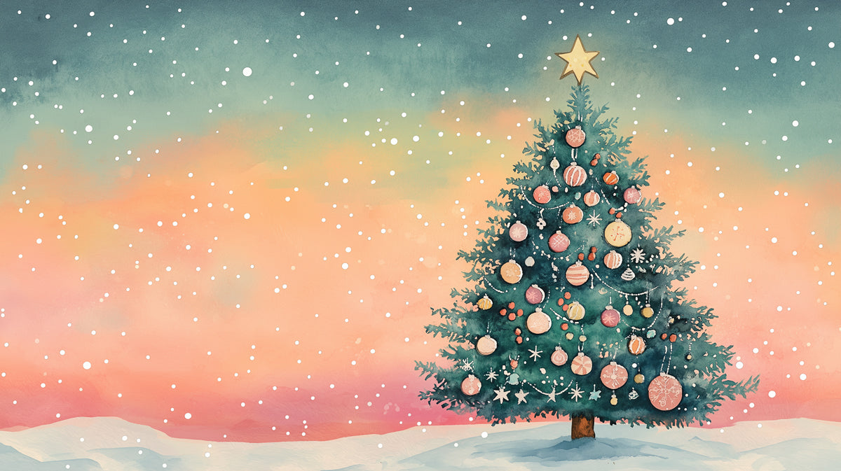 Winter Sky Christmas Mural Wallpaper | Teal, Peach, and Green
