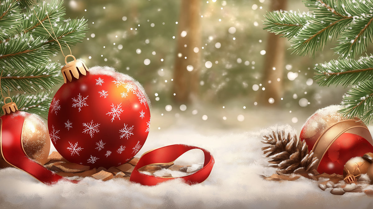 Winter Woodland Ornament Mural Wallpaper | Red, Gold, and White