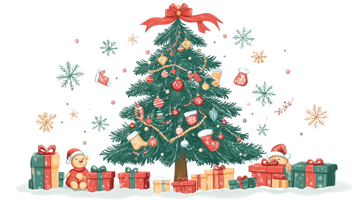Teddy Bear's Christmas Tree Mural Wallpaper | Red, Green, and Gold