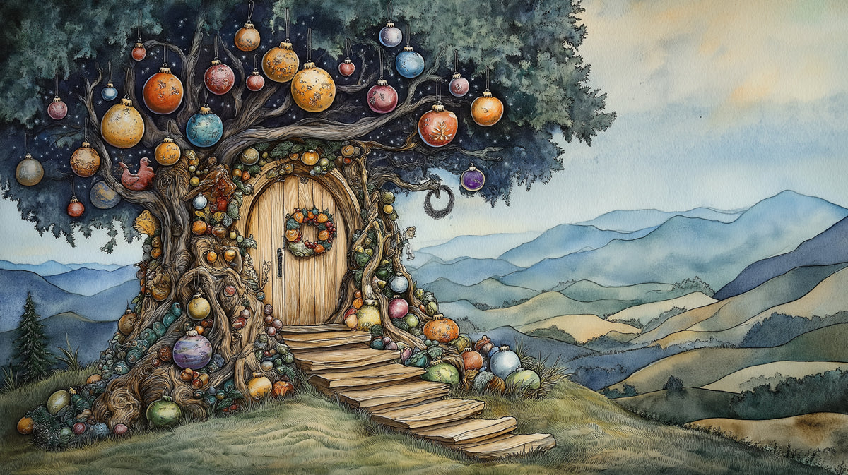 The Ornament Treehouse Mural Wallpaper | Green, Blue, Orange, and Brown