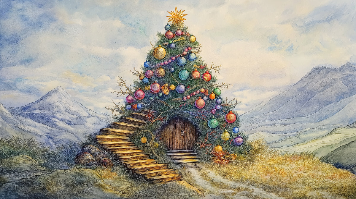 The Holiday Hill Home Mural Wallpaper | Green, Blue, Gold, and Red