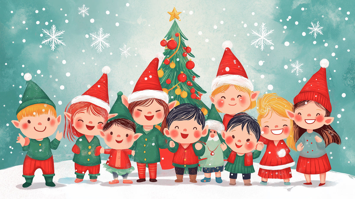 Christmas Elves Gathering Mural Wallpaper | Red, Green, and Teal