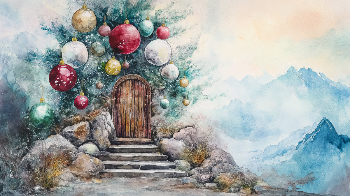 The Mountain Christmas Tree Home Mural Wallpaper | Red, Gold, and Blue