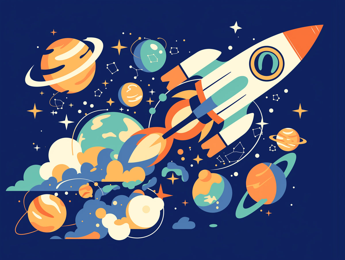 Papel tapiz mural de cohete espacial y planetas | Azul, naranja, amarillo y blanco, cohete y planetas 