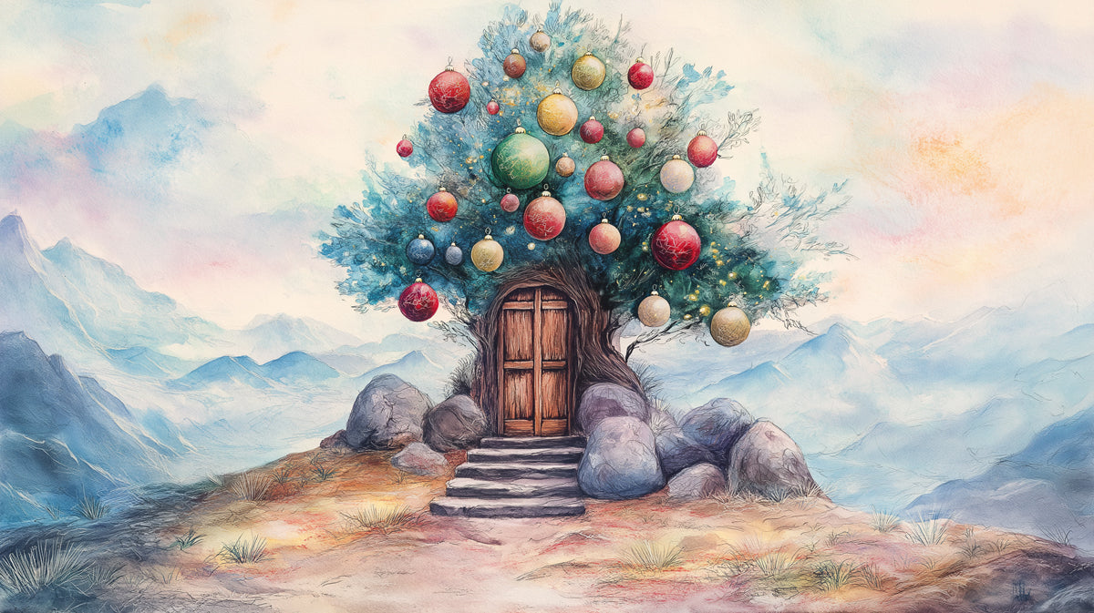The Hilltop Christmas Tree Home Mural Wallpaper | Red, Blue, and Gold